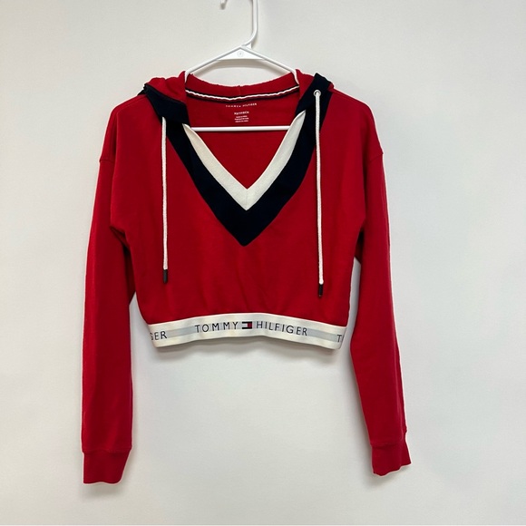 Tommy Hilfiger Cropped Sweatshirt Hoodie Red White Blue athletic 90s Style XS - Picture 3 of 9